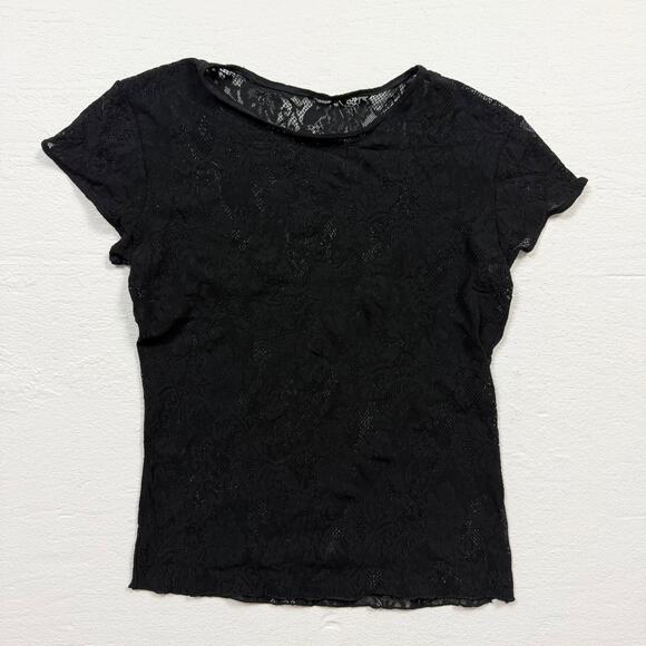 Y2K Black Stretch Lace Sheer Fitted Short Sleeve Top, Size Large - Picture 1 of 4